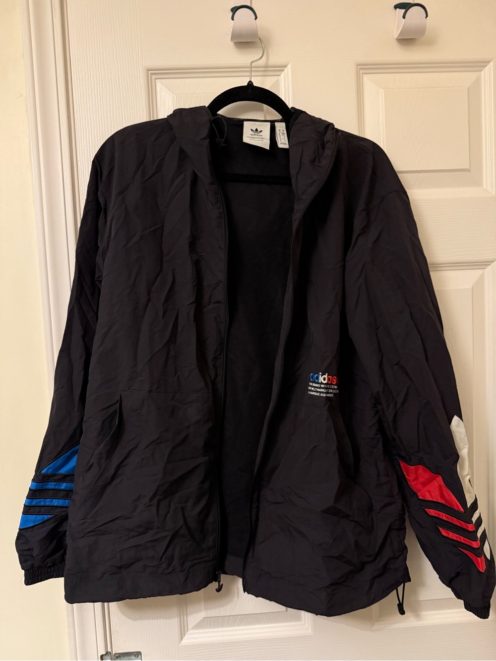 adidas Black Windbreaker Jacket with Red & Blue Sleeve Accents